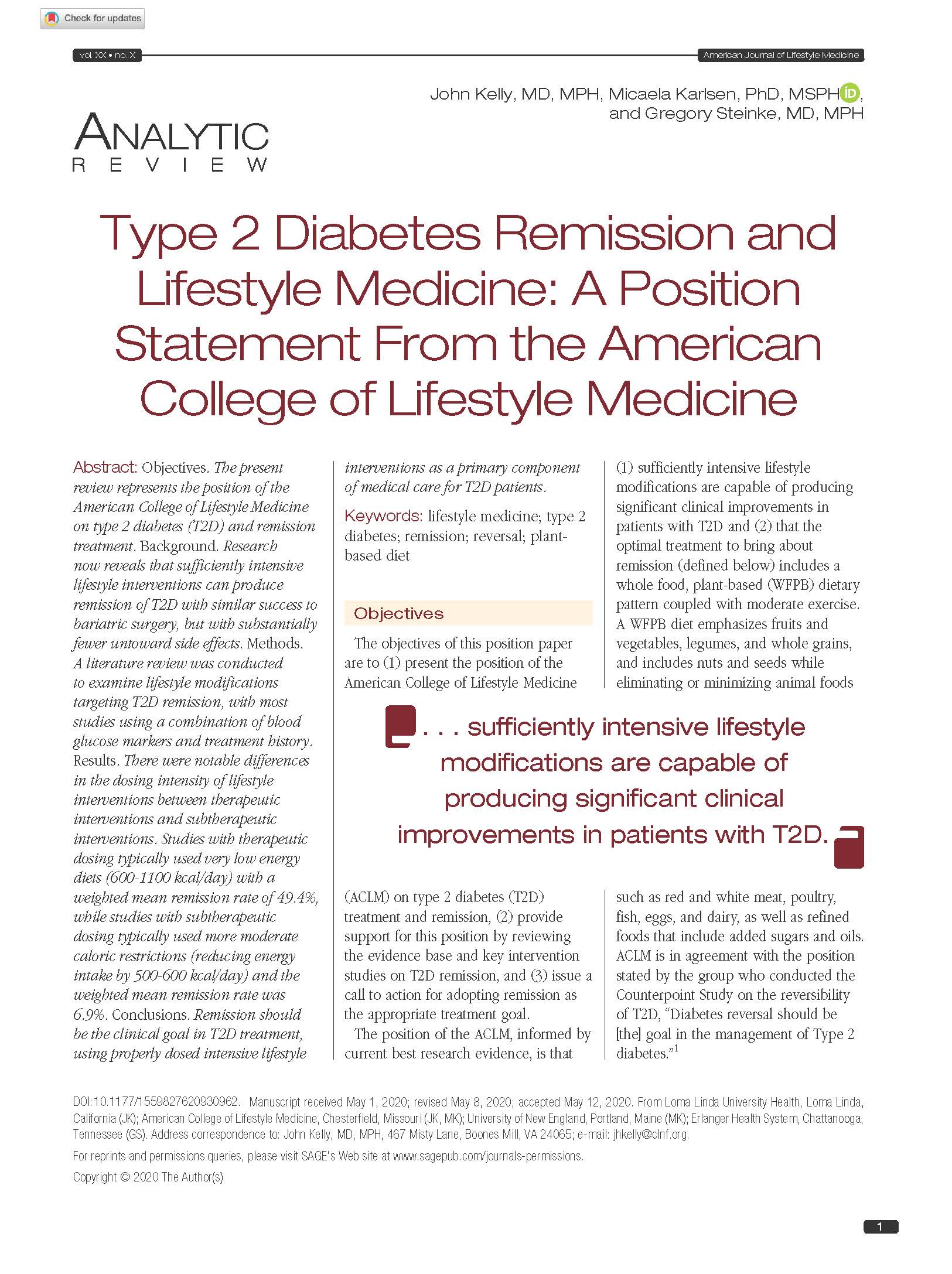 Type 2 Diabetes Remission And Lifestyle Medicine: A Position Statement From The American College Of Lifestyle Medicine