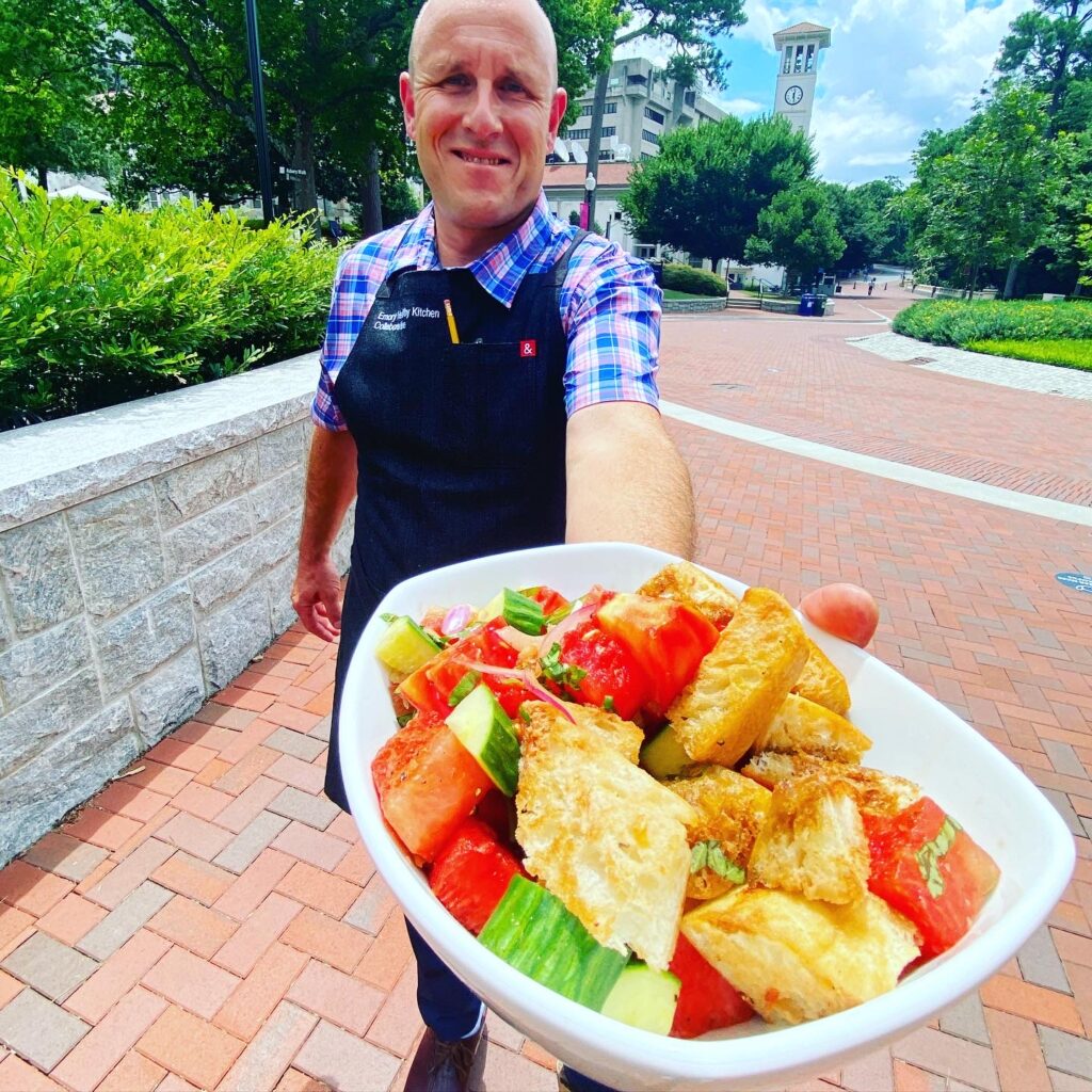 Chef Mike Bacha showcasing his summer watermelon salad after a virtual cooking demonstration for Emory employees.
