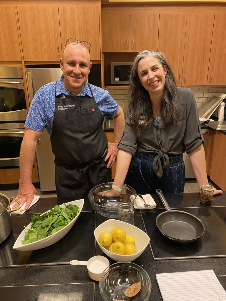 Chef Mike Bacha and Kip Hardy, MS, LD, RDN, prepare a virtual cooking demonstration for the Emory Lifestyle Medicine Interest Group (ELMIG).