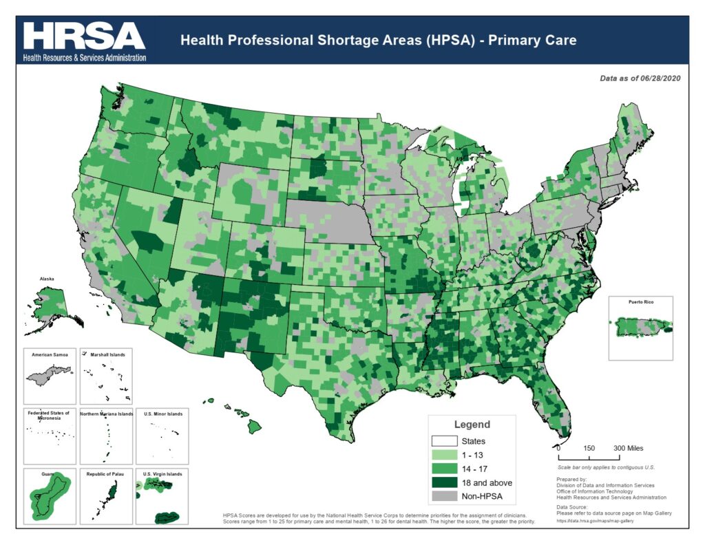 Map from HRSA exhibiting in a heat map using colors of green that indicates shortages of healthcare professionals