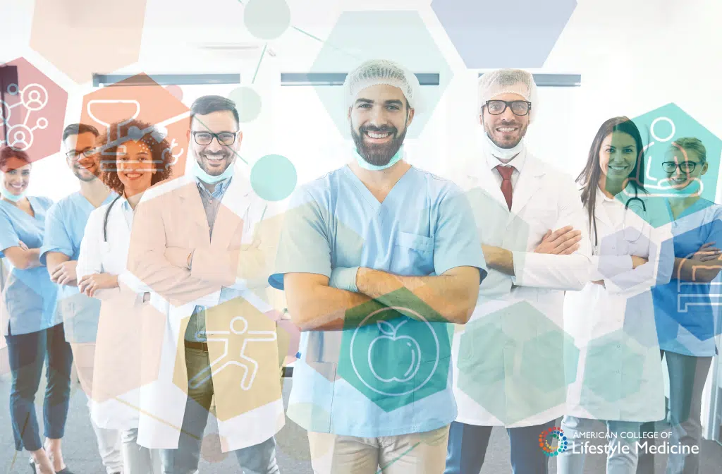 Group of clinicians with the lifestyle medicine pillar icons overlaid